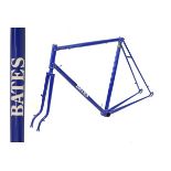 Bates steel racing cycle frame, in blue with silver painted highlights to the ornate lugwork, fitted
