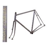 Rory O'Brien steel racing cycle frame in lilac with white decals, having horizontal dropouts, fitted