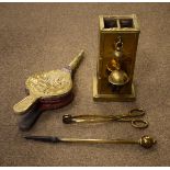 Brass companion set and pair of brass fireside bellows Condition:
