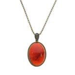 18ct gold oval pendant set amber coloured cabochon hardstone on a box link chain Condition: