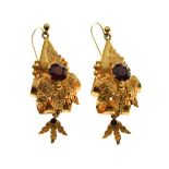 Pair of 9ct gold drop earrings set garnet coloured stones Condition: