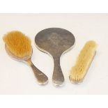 George V silver backed three piece dressing table set having hammered finish within engraved
