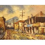 Late 20th Century oil on board - Street scene with mountain in the distance, indistinctly signed,