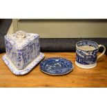 19th Century English blue and white transfer printed cider mug decorated with a landscape with a