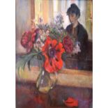 Rachel Hemming Bray - Pastel - Self portrait with a vase of flowers, signed with initials, 52cm x