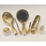 Edwardian silver three piece brush set having Art Nouveau design floral decoration, Birmingham