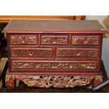 Chinese gilt and red painted miniature chest of five drawers decorated with dragons and scrolling