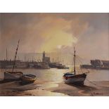 Don Micklethwaite - Oil on canvas - A harbour at sunrise, signed, framed Condition: