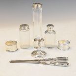 Silver dressing table candlestick, pair of George V silver handled glove stretchers, two silver