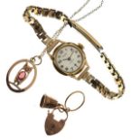 9ct gold pendant set red stone decorated with an owl, lady's 9ct gold cased wristwatch etc