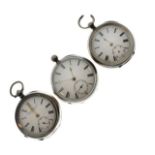 Three gentleman's silver key wind pocket watches, all having white enamel dial, subsidiary seconds