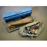 Vintage wooden tool box and bag, together with a collection of vintage carpentry tools etc