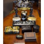 Pair of Kashmir lacquered candlesticks, together with various similar boxes etc Condition: