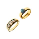 22ct gold ring set opal and an 18ct gold opal and diamond set dress ring Condition: