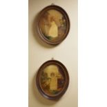 Pair of George III oval embroidered silk work pictures depicting young girls with a rabbit and