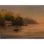 Hugh Crossley - Watercolour - A tranquil riverside landscape with cottage, signed, framed and glazed