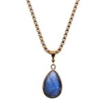 9ct gold box link chain with tear drop pendant set faceted blue stone Condition: