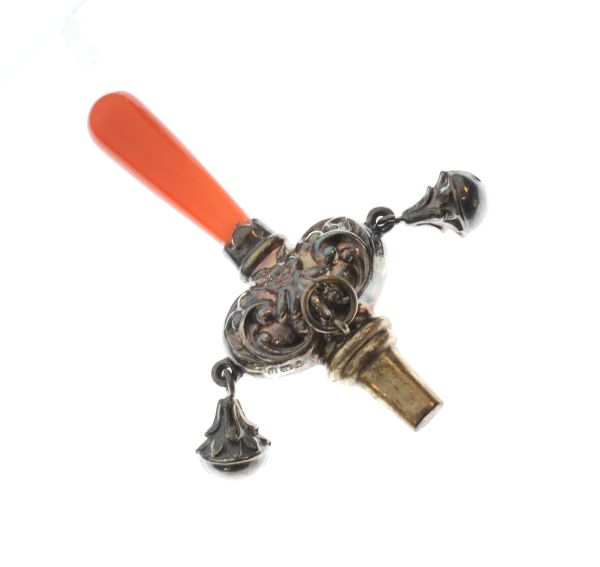 George V silver child's whistle/rattle having coral coloured teether, Birmingham 1912 Condition: