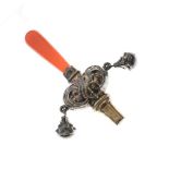 George V silver child's whistle/rattle having coral coloured teether, Birmingham 1912 Condition: