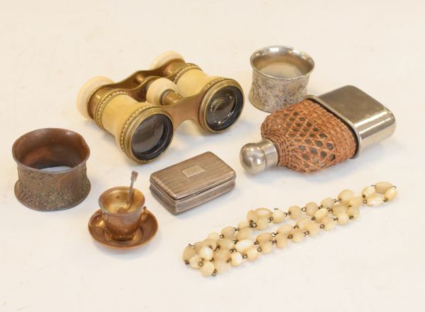 Small quantity of interesting miscellanea including silver plated hip flask, silver snuff box by