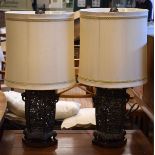 Pair of reproduction chinoiserie style cast metal table lamps with shades Condition: