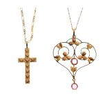 Edwardian style pendant set pink stones on chain and a 9ct gold crucifix on chain Condition: