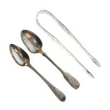 Pair of Georgian silver sugar tongs and two silver teaspoons, one Exeter 1843 Condition: