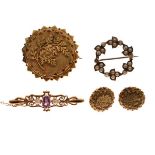 9ct gold bar brooch set seed pearls and amethyst coloured stone, a circular seed pearl set brooch