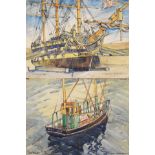 Frank Shipsides - Pair of watercolours, the first depicting a galleon and titled 'Supported', the