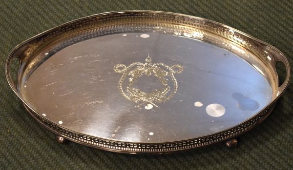 Silver plated oval two handled gallery tray with engraved decoration Condition: