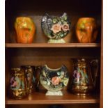 Pair of Brannam vases, pair of painted vases with floral encrusted decoration and three copper