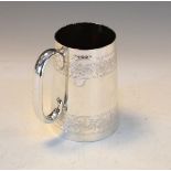 Victorian tapered cylindrical tankard with two bands of engraved foliate decoration, Birmingham 1889