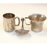 Dutch silver sifting spoon having pierced bowl together with two white metal tankards stamped 830