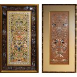 Two Chinese embroidered pictures, each decorated with birds amongst foliage, framed and glazed