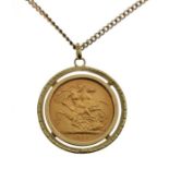 Gold coin - Elizabeth II sovereign 1963 within a 9ct gold pendant mount on chain Condition: