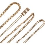 9ct gold S link design necklace, two other chains stamped 9kt and a 9ct gold rectangular pendant