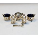 George V five piece condiment set comprising two pepperette, two salts and a mustard etc, Birmingham