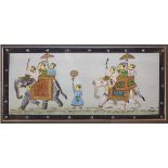 Three 20th Century painted silk panels depicting Eastern scenes, two framed and glazed, the other
