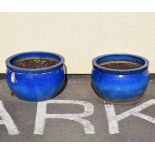 Pair of blue glazed garden earthenware circular planters Condition: