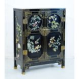 20th Century oriental lacquered cabinet fitted two doors set inlaid relief carved hardstone