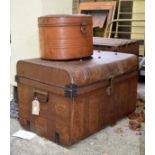 Metal simulated wood tin trunk and oval hat box Condition: