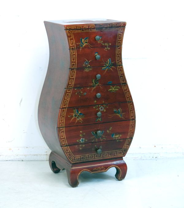 Reproduction Oriental faux lacquer finish chest of seven drawers having chinoiserie decoration