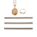 9ct gold locket set three white stones on chain, a 9ct gold heart design ring, together with a white