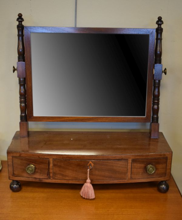 19th Century mahogany dressing table mirror having bowfront box base fitted three drawers, on turned