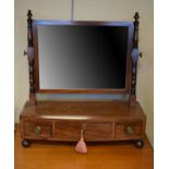19th Century mahogany dressing table mirror having bowfront box base fitted three drawers, on turned