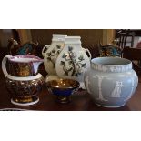 Three lustre jugs, jardinière having sprig decoration, pair of floral encrusted vases etc Condition: