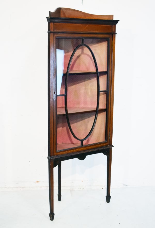 Edwardian mahogany and string inlaid floor standing corner display cabinet fitted two shelves with