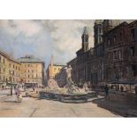 1960's period oil on canvas - Piazza Navona, Rome, indistinctly signed, framed, 67cm x 92cm