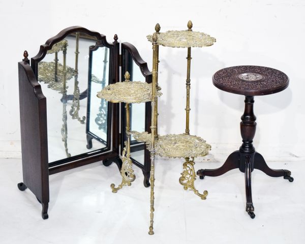 Reproduction cast brass Rococo design three tier plantstand together with a mahogany framed dressing