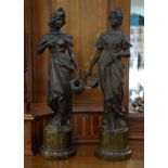 Pair of bronze finish spelter figures of classical females on marble socles (overall height 36.